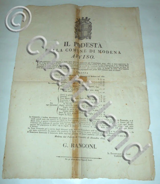 Regno di Sardegna Manifesto Dazi di Consumo Modena 1829