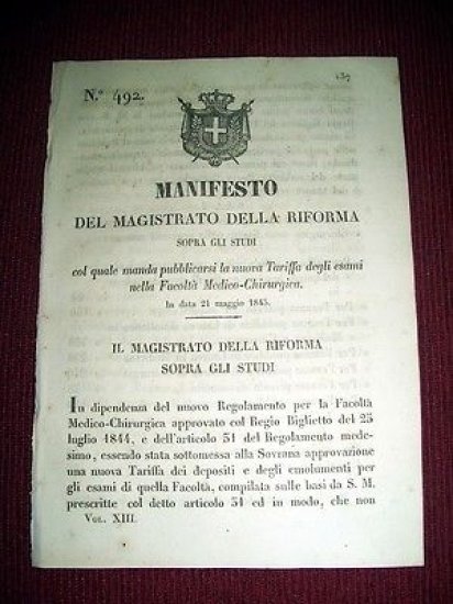 Regno di Sardegna Manifesto n. 492 Tariffa Esami Facoltà Medico … | Immagine principale