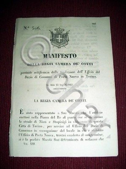 Regno di Sardegna Manifesto n. 506 Dazio di Consumo Porta …
