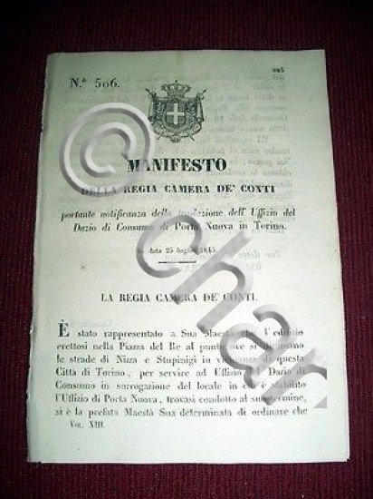 Regno di Sardegna Manifesto n. 506 Dazio di Consumo Porta …