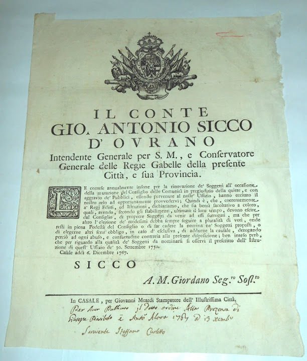Regno di Sardegna Manifesto Rinnovo Pubblici Uffici Casale Monferrato 1767
