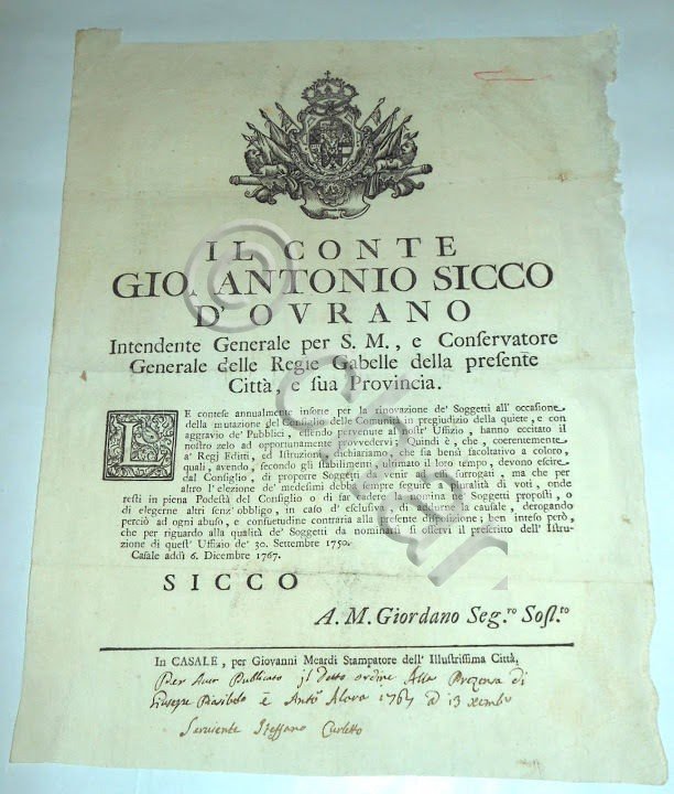 Regno di Sardegna Manifesto Rinnovo Pubblici Uffici Casale Monferrato 1767