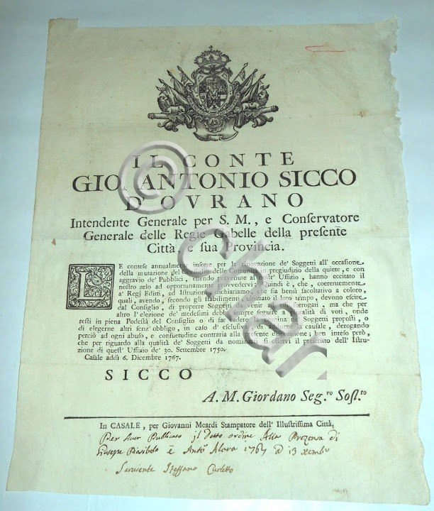Regno di Sardegna Manifesto Rinnovo Pubblici Uffici Casale Monferrato 1767