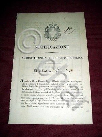 Regno di Sardegna Notifica Elenco Creditori Rendite Redito Redimibile ago. …