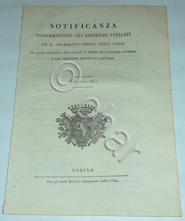 Regno di Sardegna Notifica Impieghi Vitalizi Torino 1825