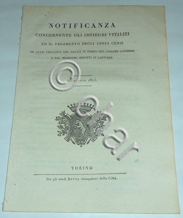 Regno di Sardegna Notifica Impieghi Vitalizi Torino 1825