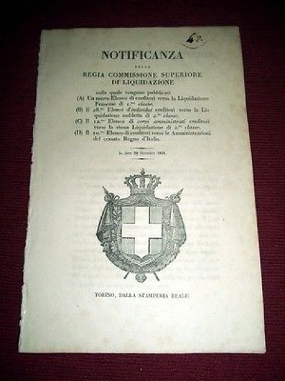 Regno di Sardegna Notificanza Elenco Creditori Liquidazione Francese 1831