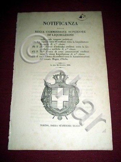 Regno di Sardegna Notificanza Elenco Creditori Liquidazione Francese 1831