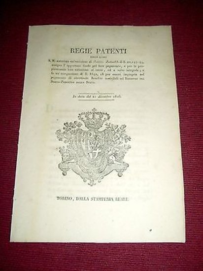 Regno di Sardegna Regie Patenti Emissione Rendite Redimibili Debito Stato …