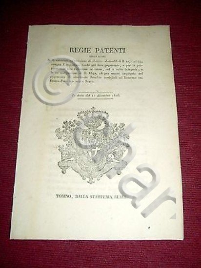 Regno di Sardegna Regie Patenti Emissione Rendite Redimibili Debito Stato …