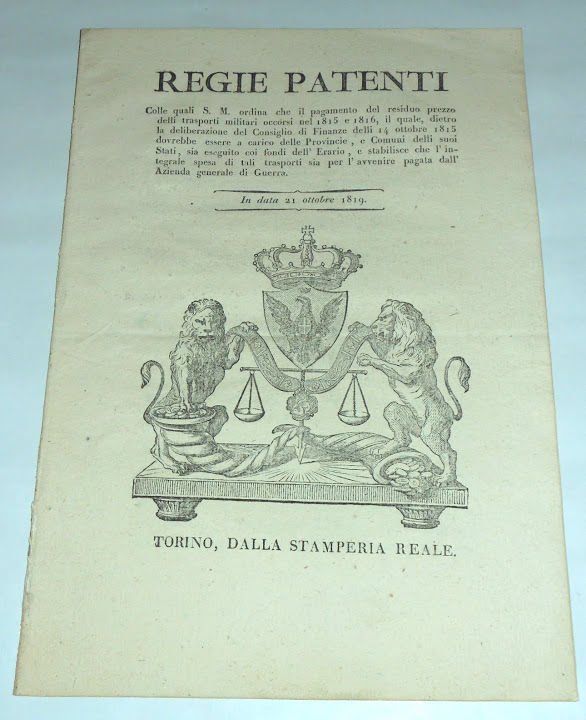 Regno di Sardegna Regie Patenti Pagamento Trasporti Militari Torino 1819