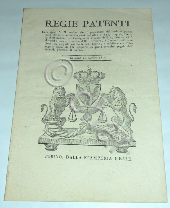 Regno di Sardegna Regie Patenti Pagamento Trasporti Militari Torino 1819