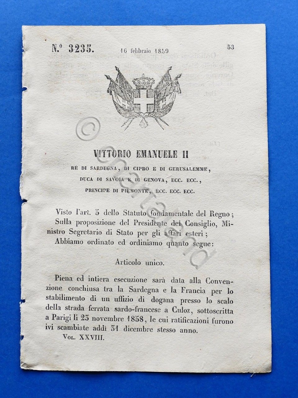 Regno di Sardegna Regio Decreto Regolamento Dogana Sardo-Francese di Culoz … | Immagine principale