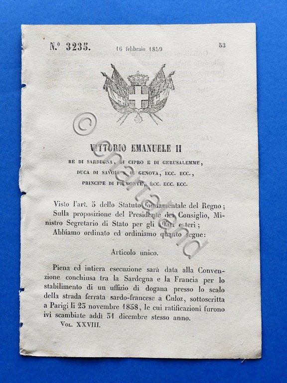 Regno di Sardegna Regio Decreto Regolamento Dogana Sardo-Francese di Culoz … | Immagine Gallery 2