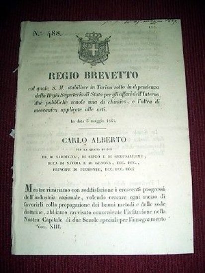 Regno di Sardegna Savoia Brevetto n 488 Scuole Pubbliche Chimica Torino1845