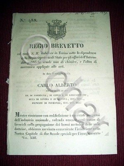 Regno di Sardegna Savoia Brevetto n 488 Scuole Pubbliche Chimica …