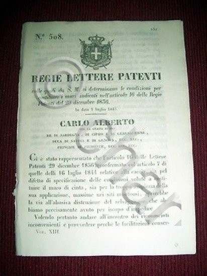 Regno di Sardegna Savoia Regie Patenti n 508 Condizioni per …
