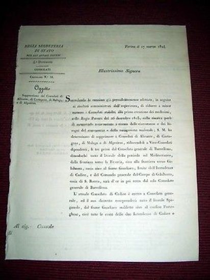 Regno di Sardegna Torino Circolare Soppressione Consolati Cartagena Malaga 1824 | Immagine Gallery 1