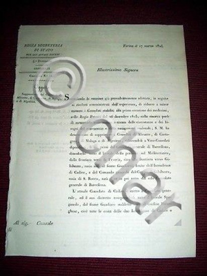 Regno di Sardegna Torino Circolare Soppressione Consolati Cartagena Malaga 1824