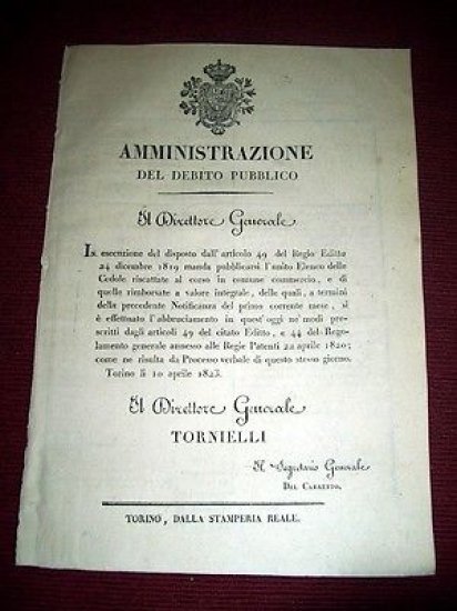 Regno di Sardegna Torino Debito Pubblico Elenco Cedole Commercio 1823