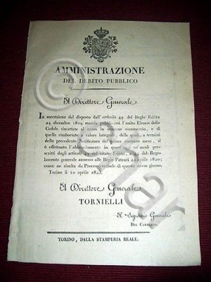 Regno di Sardegna Torino Debito Pubblico Elenco Cedole Commercio 1823