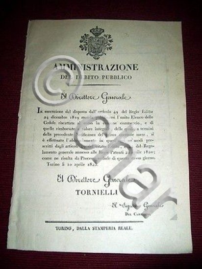 Regno di Sardegna Torino Debito Pubblico Elenco Cedole Commercio 1823