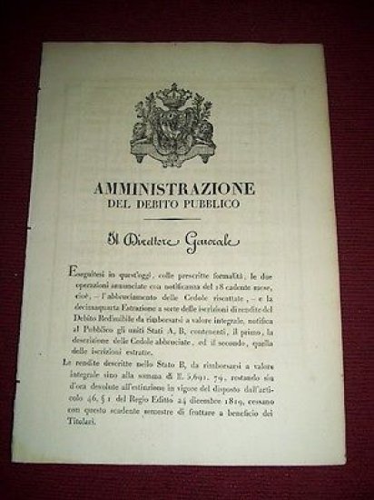 Regno di Sardegna Torino Decreto Debito Pubblico Abbruciamento Cedole 1929