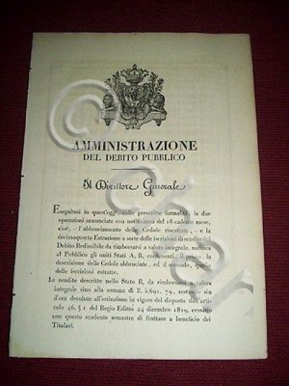 Regno di Sardegna Torino Decreto Debito Pubblico Abbruciamento Cedole 1929