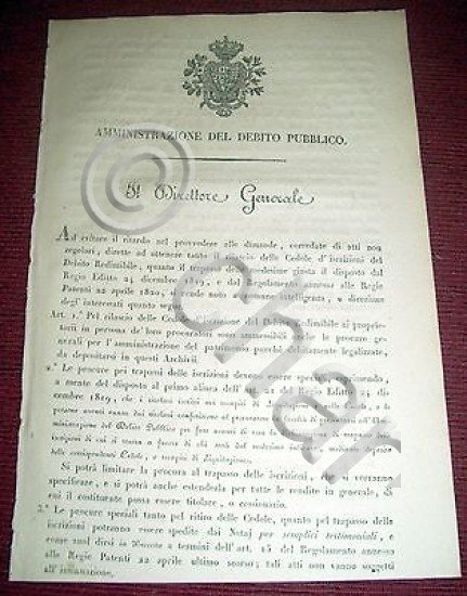 Regno di Sardegna Torino Decreto Trapasso Cesione Cedole Debito Redimibile1820