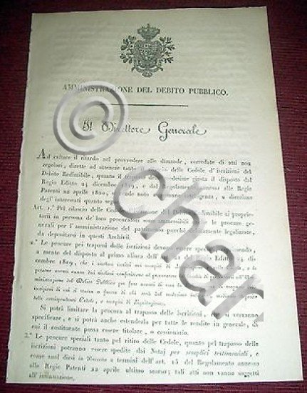 Regno di Sardegna Torino Decreto Trapasso Cesione Cedole Debito Redimibile1820