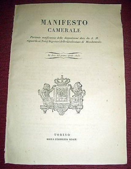 Regno di Sardegna Torino Manifesto Camerale Disposizioni per i Notai …