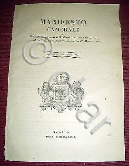 Regno di Sardegna Torino Manifesto Camerale Disposizioni per i Notai …