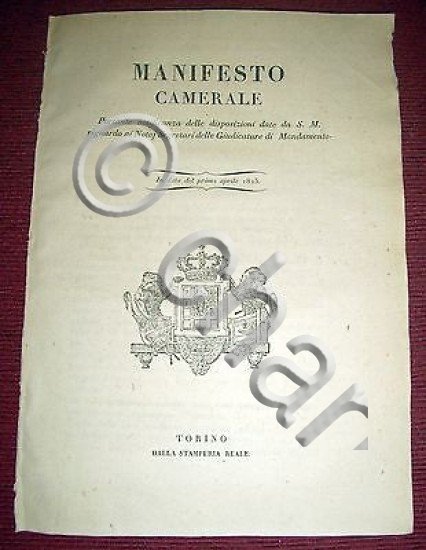 Regno di Sardegna Torino Manifesto Camerale Disposizioni per i Notai …