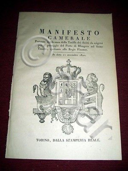 Regno di Sardegna Torino Manifesto Camerale Passaggio Porto Blangero Tanaro …