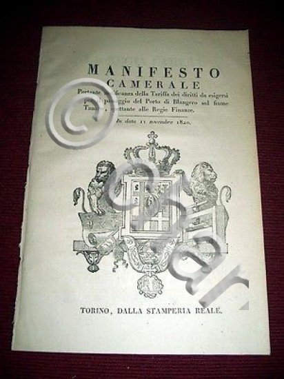 Regno di Sardegna Torino Manifesto Camerale Passaggio Porto Blangero Tanaro …