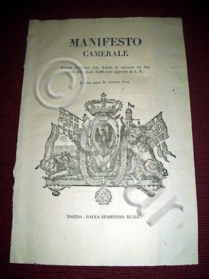 Regno di Sardegna Torino Manifesto Camerale Tabella Tariffe Dazi Dogana …