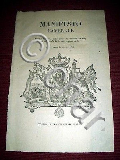 Regno di Sardegna Torino Manifesto Camerale Tabella Tariffe Dazi Dogana …
