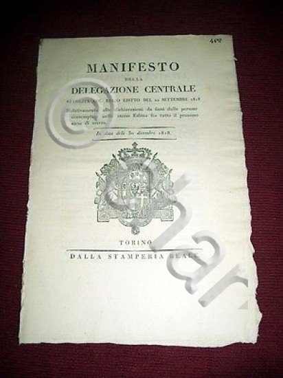 Regno di Sardegna Torino Manifesto Delegazione Centrale 1818