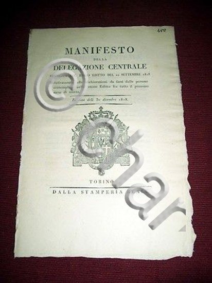 Regno di Sardegna Torino Manifesto Delegazione Centrale 1818