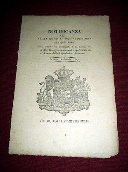 Regno di Sardegna Torino Notifica Elenco Crediti Corpi Amministrati 1817