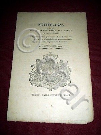 Regno di Sardegna Torino Notifica Elenco Crediti Corpi Amministrati 1817