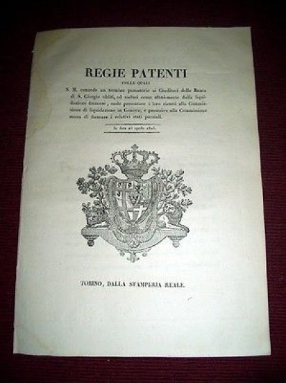 Regno di Sardegna Torino Regie Patenti Creditori Banca di S. … | Immagine principale