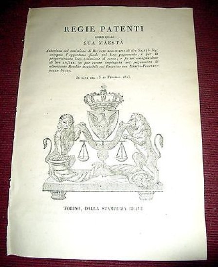Regno di Sardegna Torino Regie Patenti Emissione Rendite Redimibili 1823
