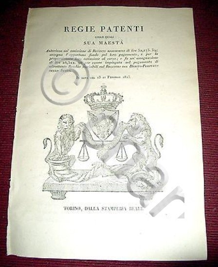 Regno di Sardegna Torino Regie Patenti Emissione Rendite Redimibili 1823
