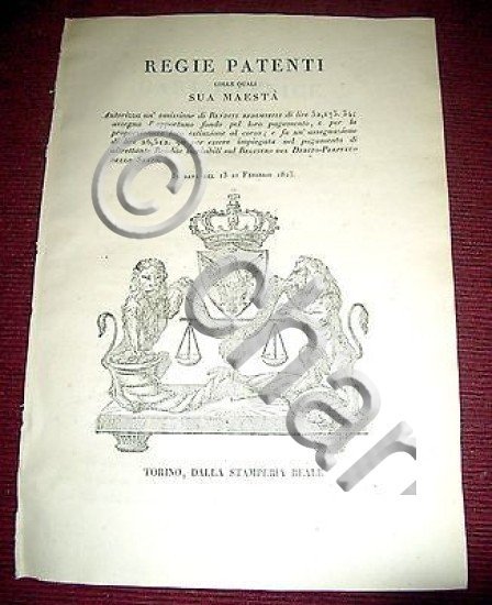 Regno di Sardegna Torino Regie Patenti Emissione Rendite Redimibili 1823