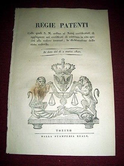 Regno di Sardegna Torino Regie Patenti Vedove Dichiarazione stato vedovile …