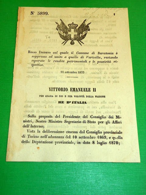 Regno Italia Regio Decreto Comune Baratonia soppresso aggregato a Varisella …