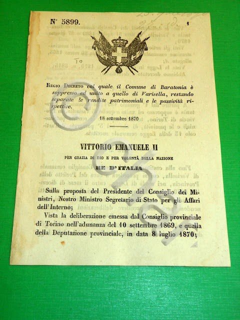 Regno Italia Regio Decreto Comune Baratonia soppresso aggregato a Varisella …