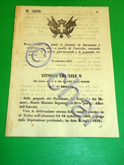 Regno Italia Regio Decreto Comune Baratonia soppresso aggregato a Varisella …