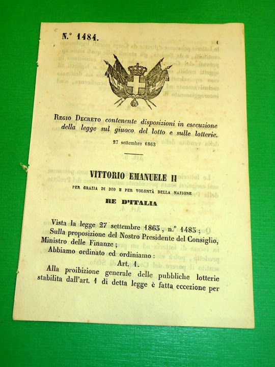 Regno Italia Regio Decreto Disposizioni x Gioco del Lotto e Lotterie Torino 1863